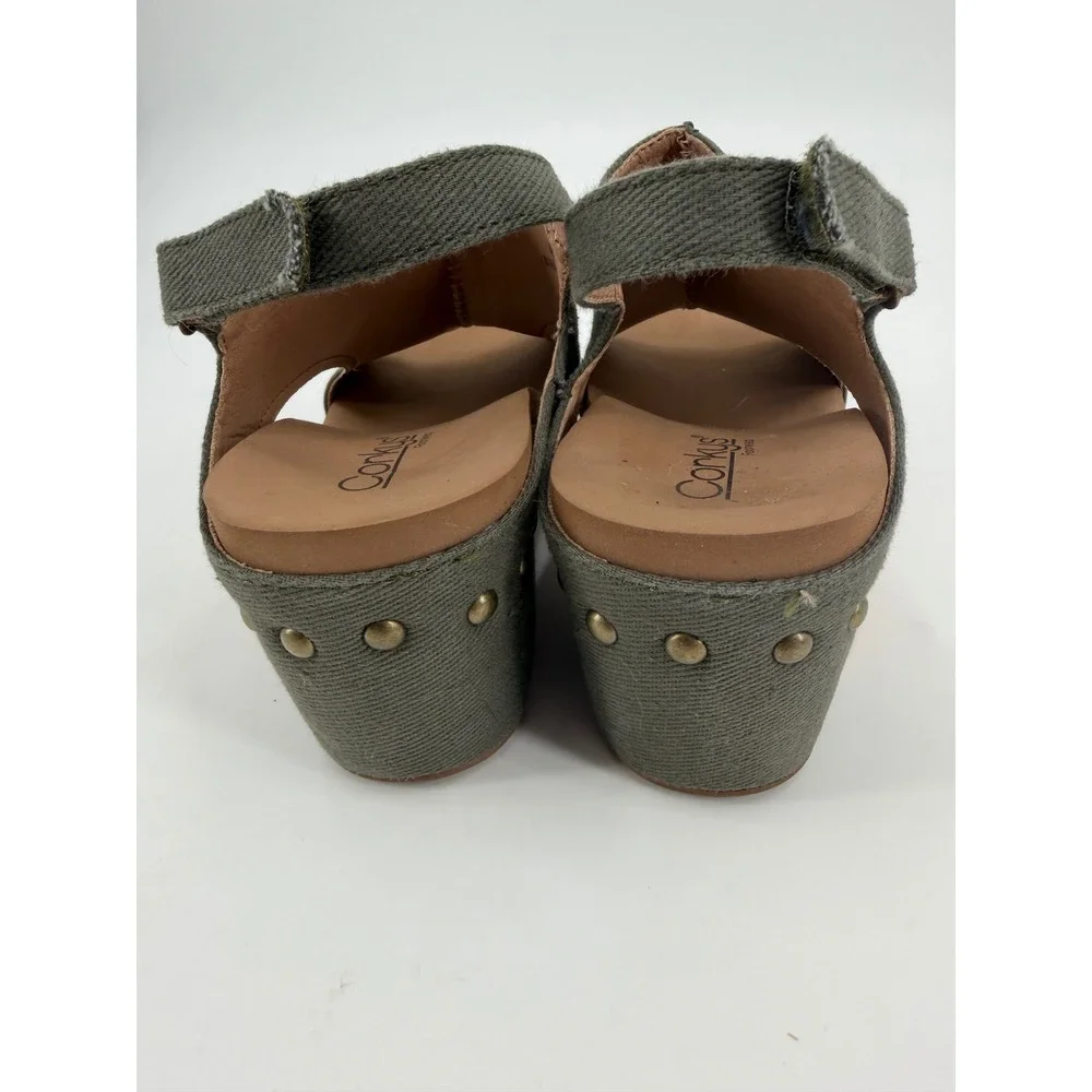 Corkys Carley Olive Green Canvas Cork Wedge Studded Slingback Sandals Womens 7